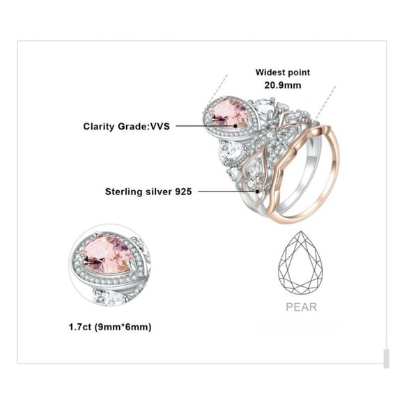 NWT Statement Ring Sz.8 S925 Sterling Silver Rose Gold Morganite Filigree Fairy - Picture 9 of 14